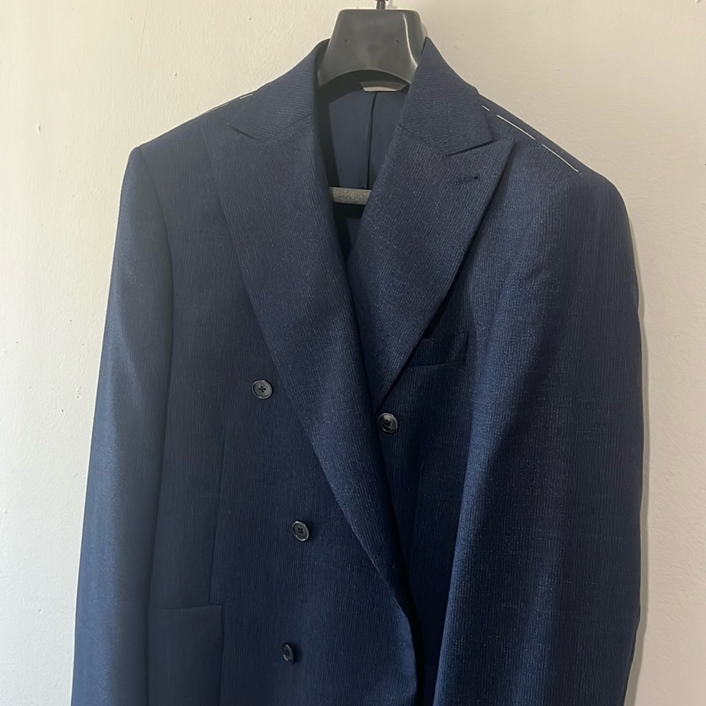 Navy Double Breasted Wool Silk & Cashmere Jacket Woven by Ermenegildo Zegna